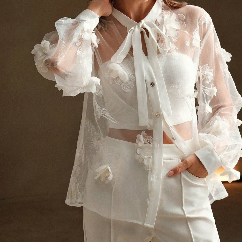White Sexy Women's See-Through Embroidered Shirt - Picture 4 of 7